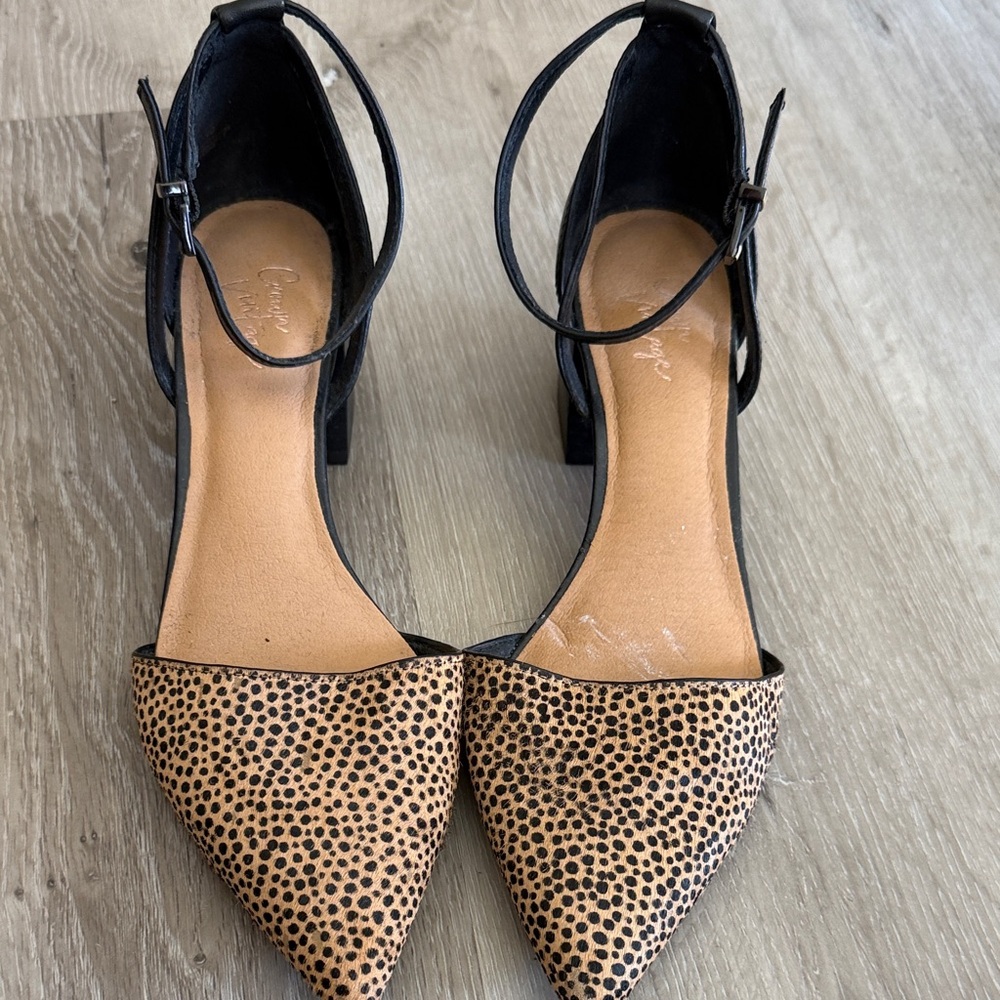 Crown Vintage ankle strap block heel pumps w/ a cow hair leopard print upper